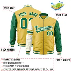 Old Gold Kelly Green-White Stripe Varsity Letterman Bomber Jacket 2