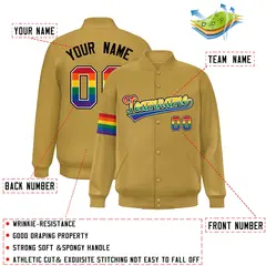 Old Gold LGBT Rainbow Pride Month Letterman Baseball Jacket 2