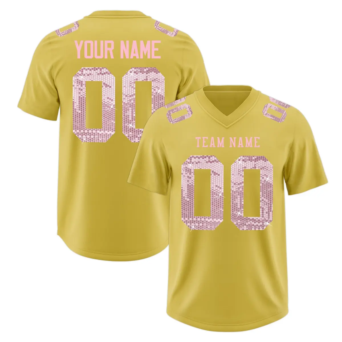 Old Gold Light Pink Sequin Lettering Football Jersey
