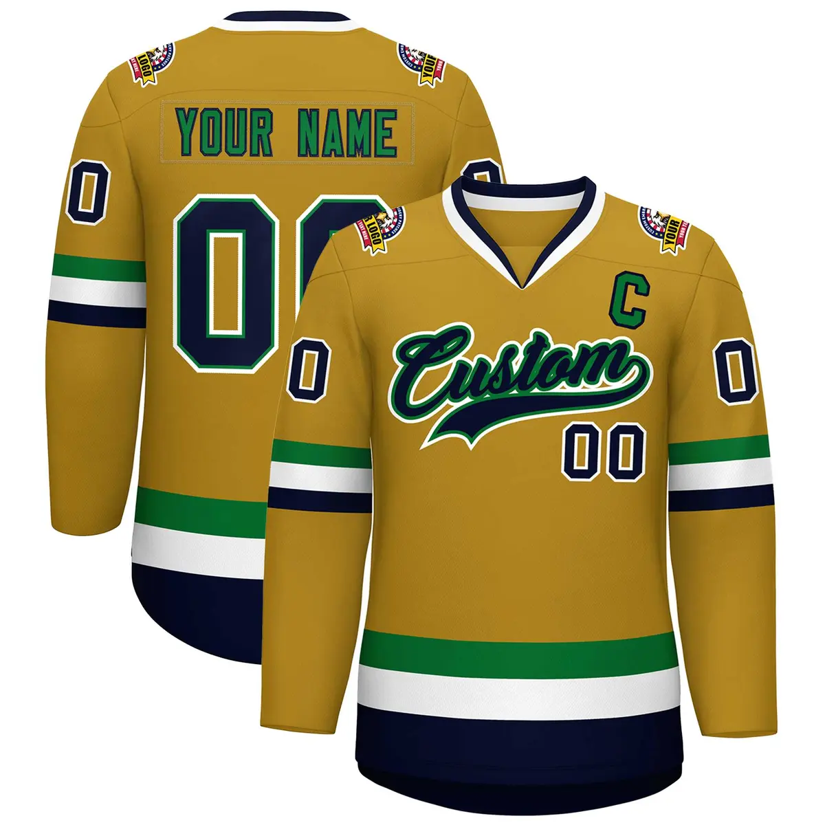 Old Gold Navy Kelly Green-White Classic Style Hockey Jersey