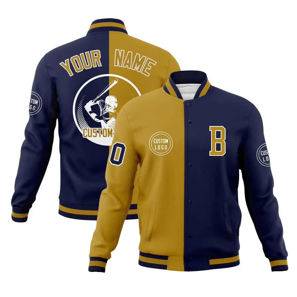 Old Gold Navy Split Letterman Varsity Full-Snap Baseball Jacket