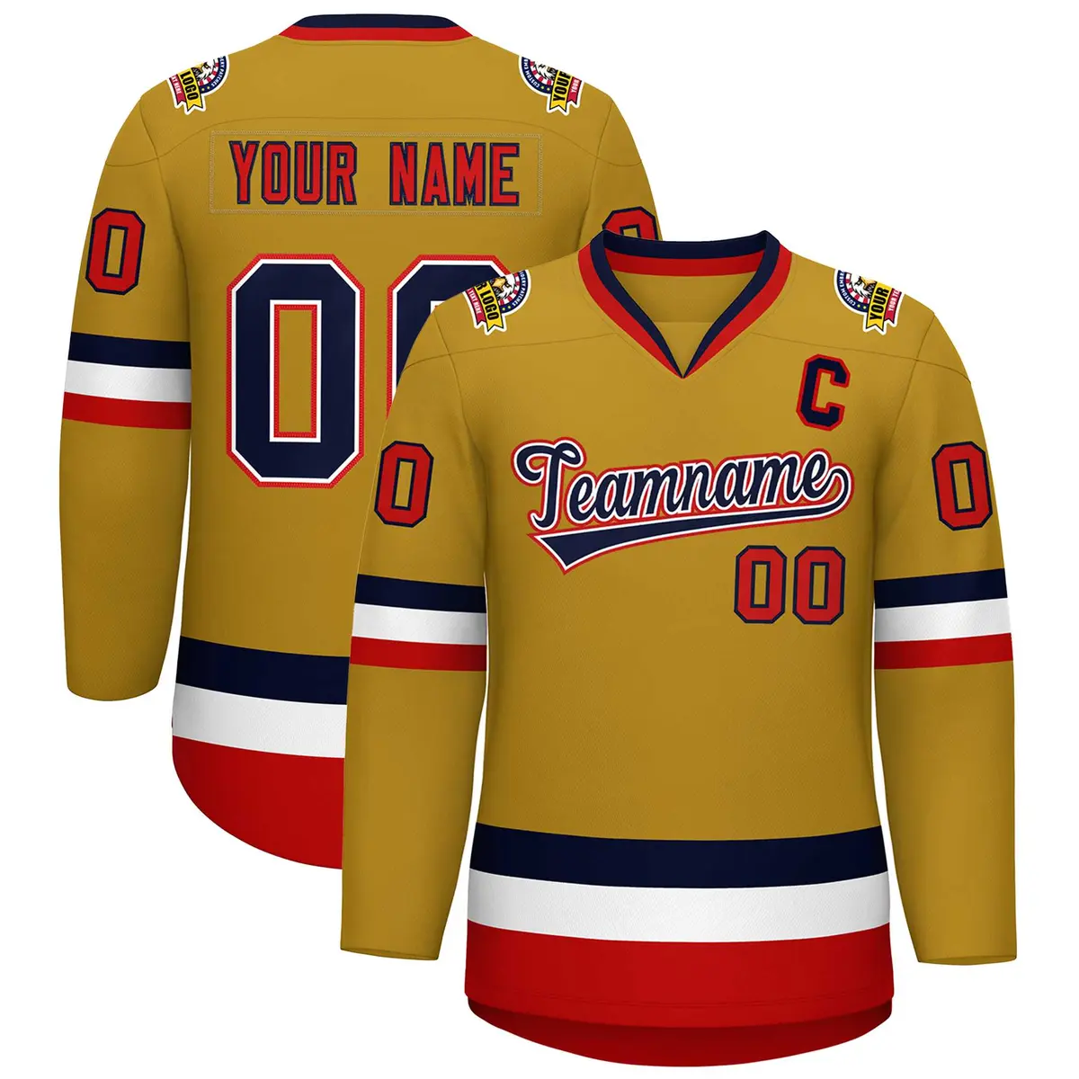 Old Gold Navy White-Red Classic Style Hockey Jersey