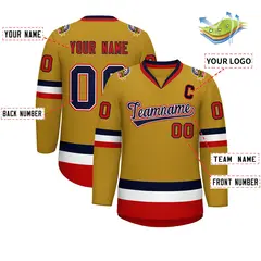 Old Gold Navy White-Red Classic Style Hockey Jersey 2