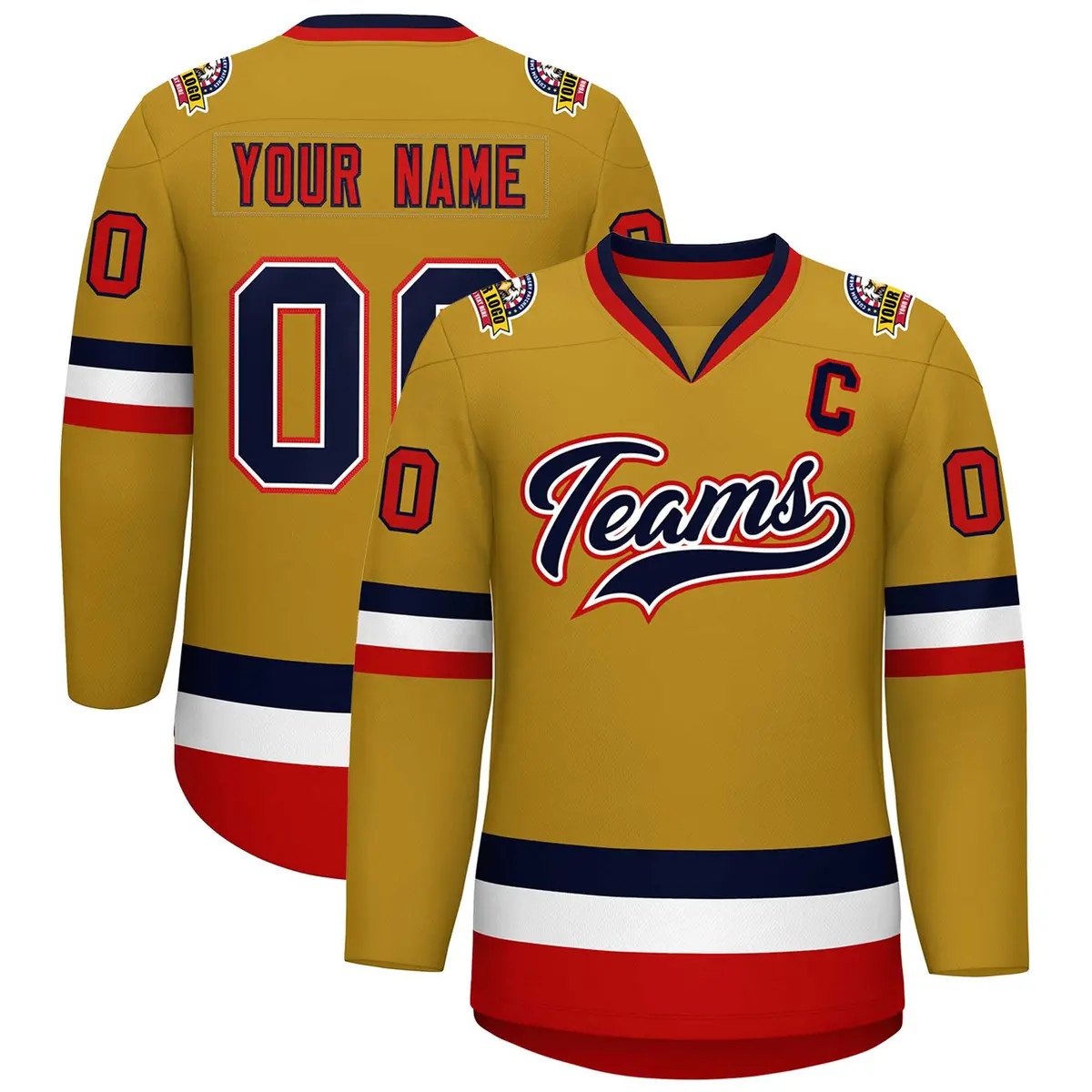 Old Gold Navy White-Red Classic Style Hockey Jersey