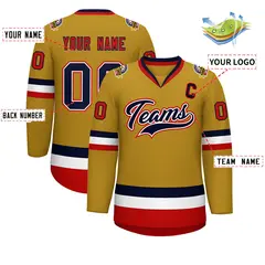 Old Gold Navy White-Red Classic Style Hockey Jersey 2