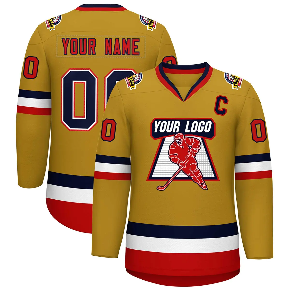 Old Gold Navy White-Red Classic Style Hockey Jersey