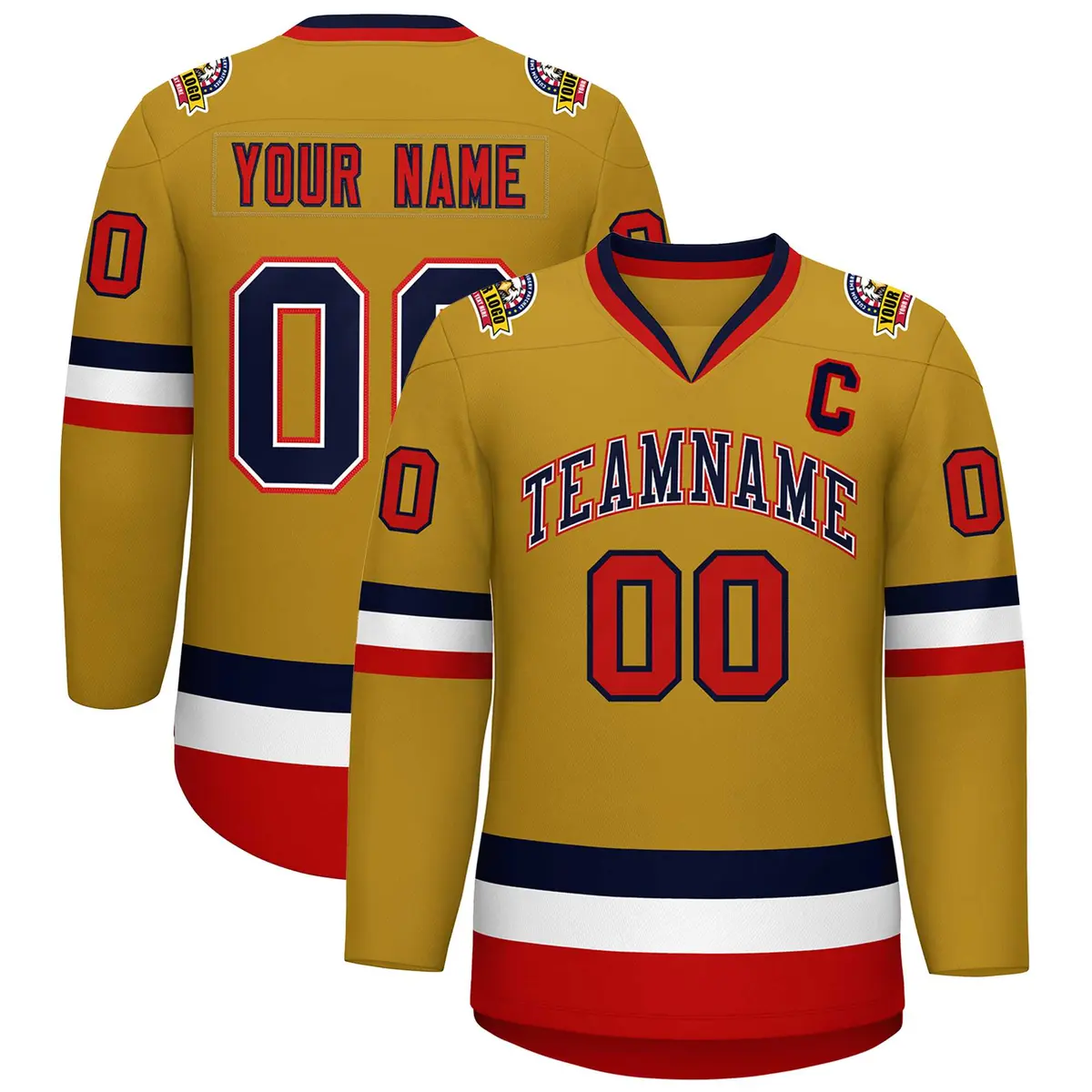 Old Gold Navy White-Red Classic Style Hockey Jersey