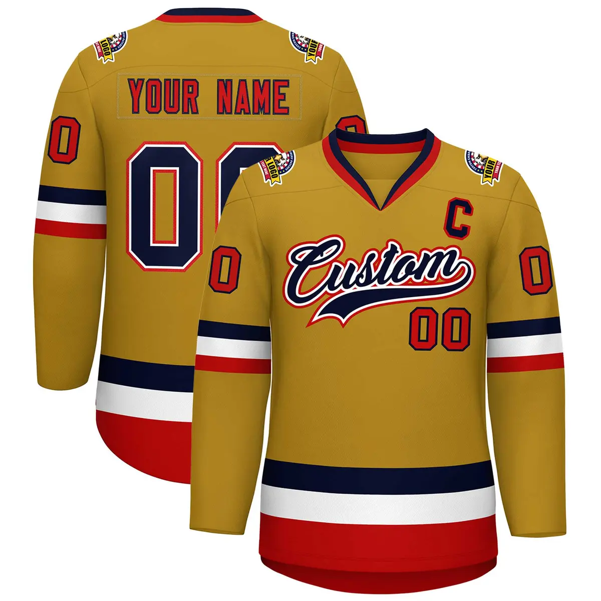 Old Gold Navy White-Red Classic Style Hockey Jersey