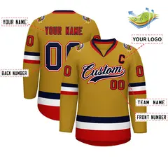 Old Gold Navy White-Red Classic Style Hockey Jersey 2