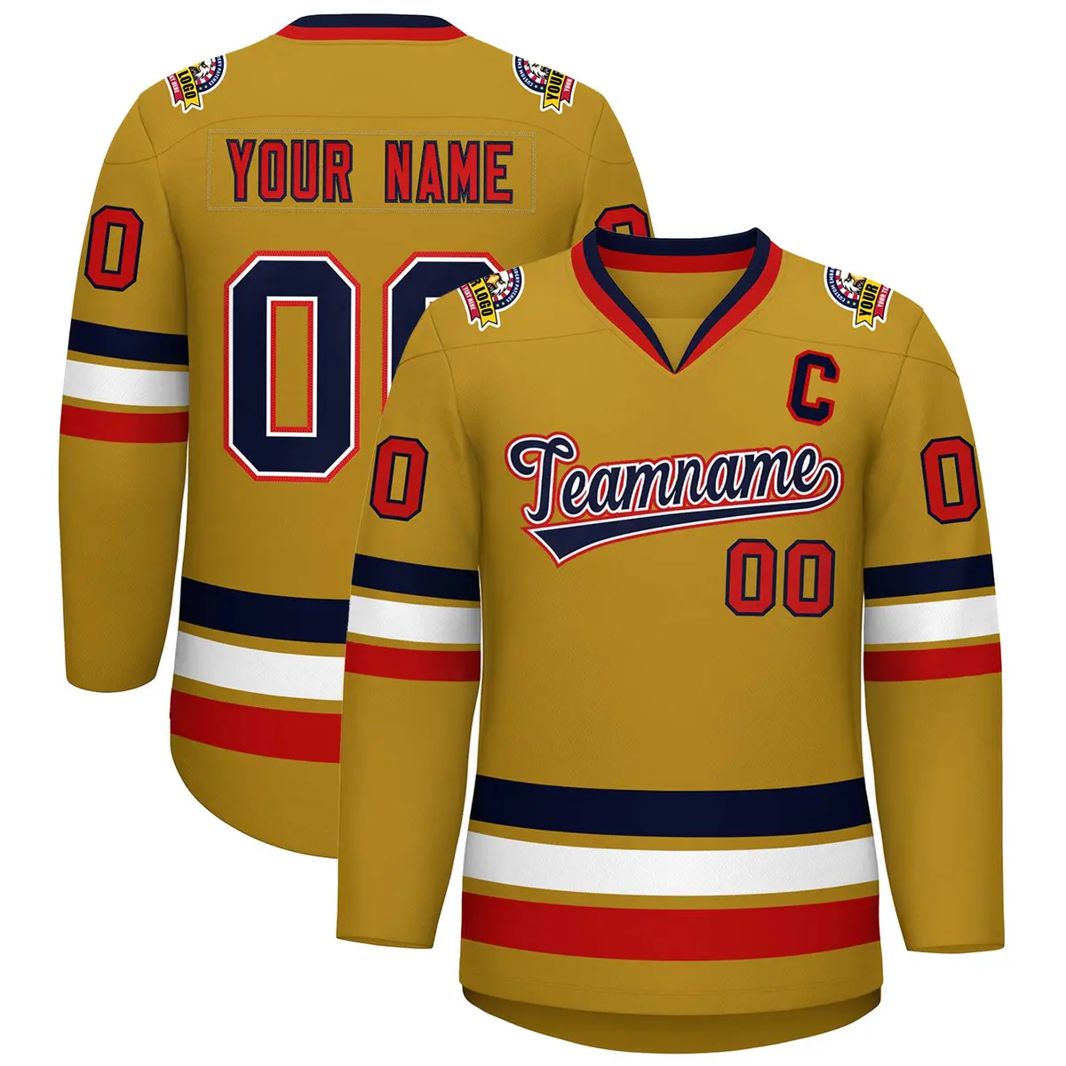 Old Gold Navy White-Red Classic Style Hockey Jersey
