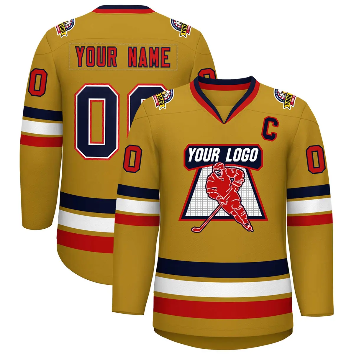 Old Gold Navy White-Red Classic Style Hockey Jersey
