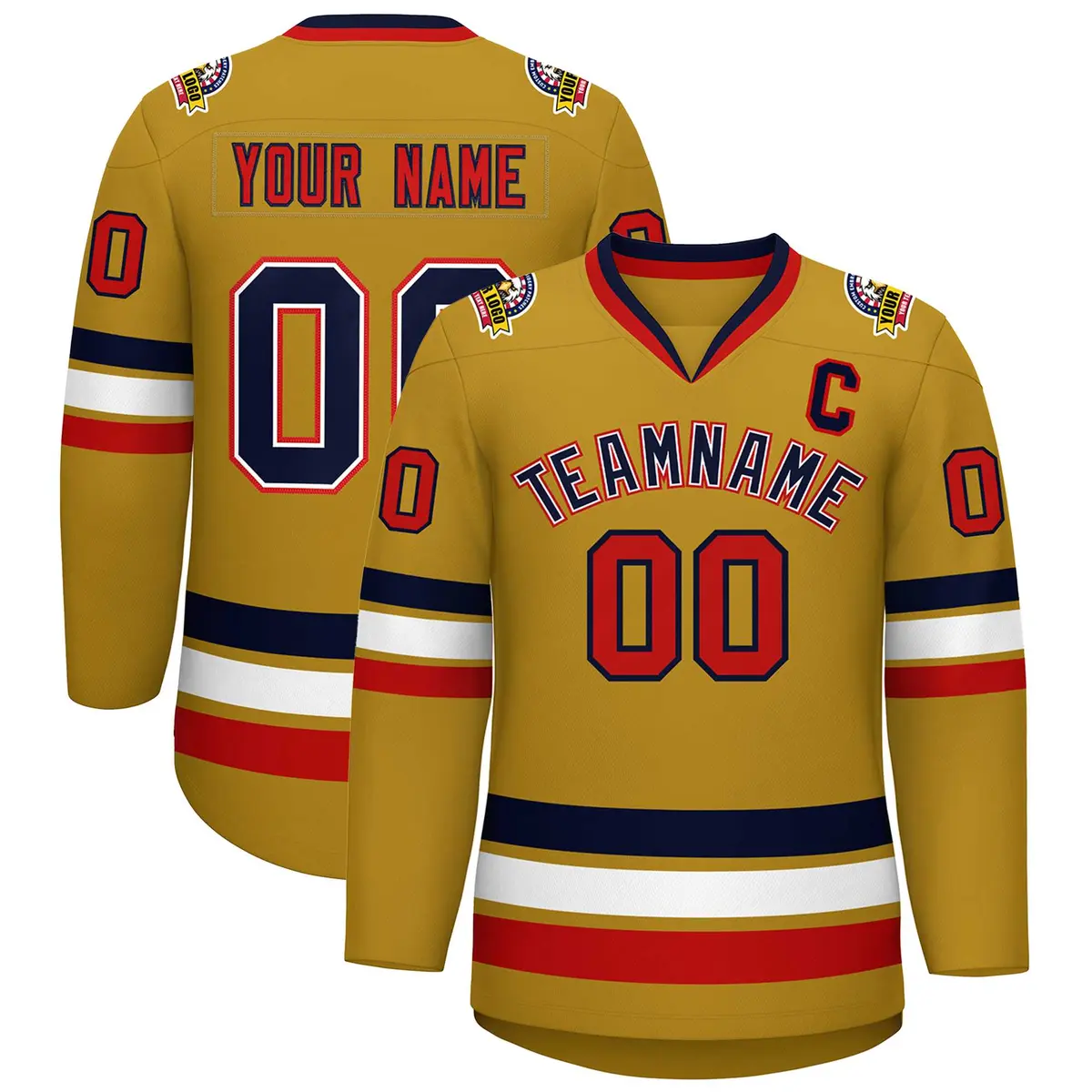 Old Gold Navy White-Red Classic Style Hockey Jersey