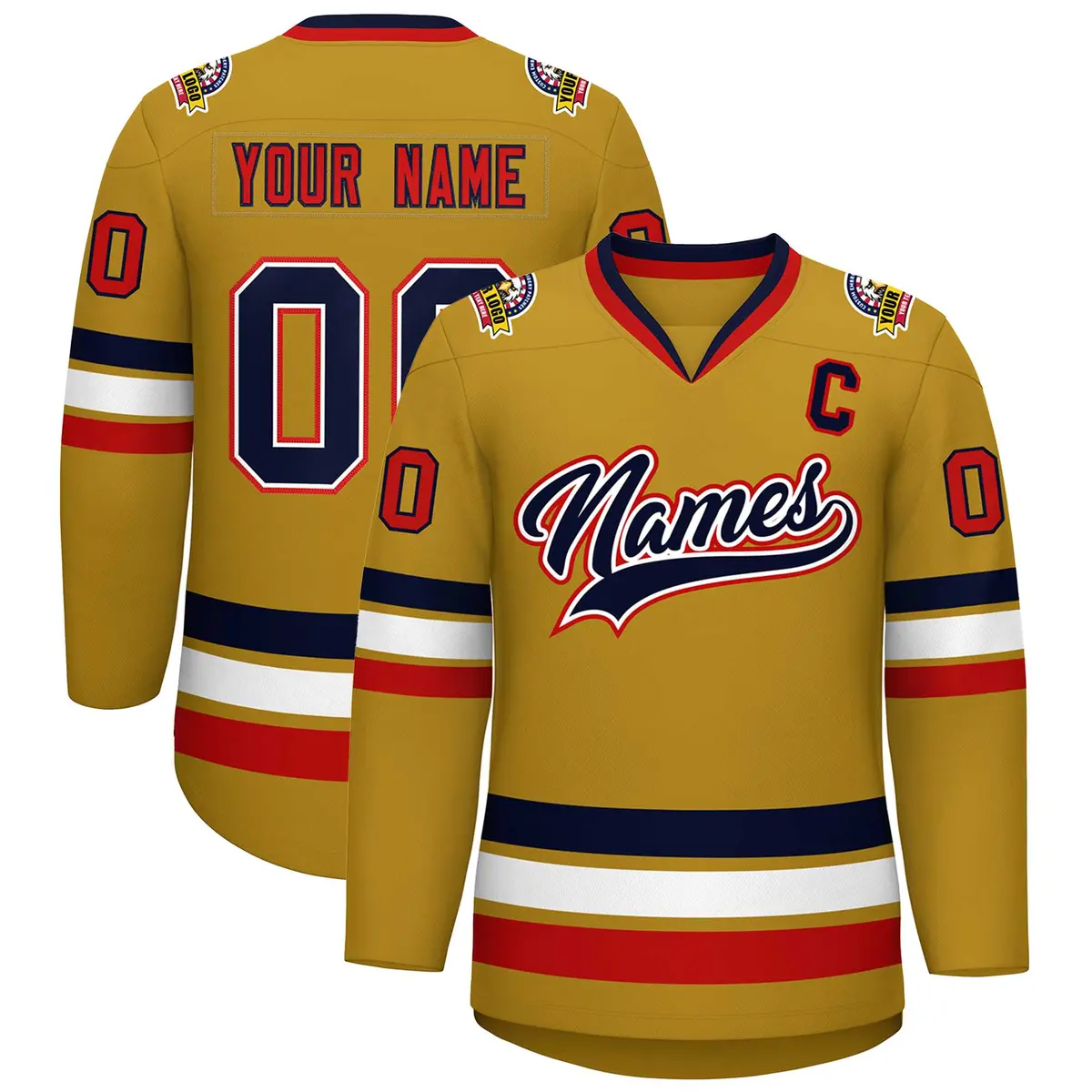 Old Gold Navy White-Red Classic Style Hockey Jersey