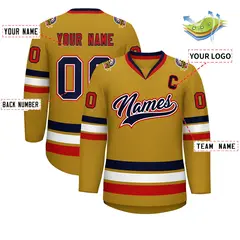 Old Gold Navy White-Red Classic Style Hockey Jersey 2