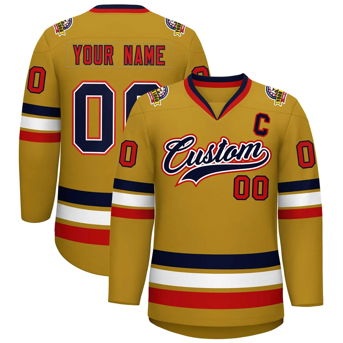 Old Gold Navy White-Red Classic Style Hockey Jersey