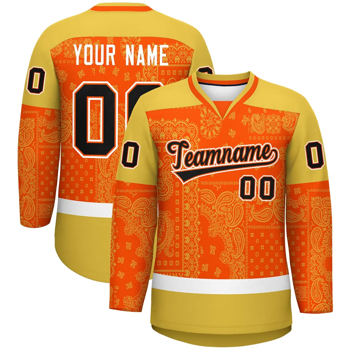 Old Gold Orange White Cashew Flower Graffiti V-Neck Hockey Jersey