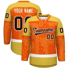 Old Gold Orange White Cashew Flower Graffiti V-Neck Hockey Jersey