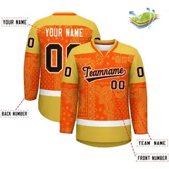Old Gold Orange White Cashew Flower Graffiti V-Neck Hockey Jersey 2