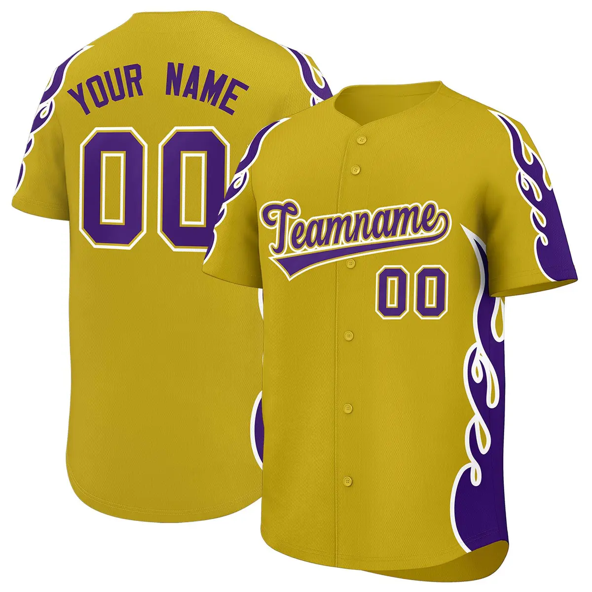 Old Gold Purple Flame Outline Side Pattern Baseball Jersey
