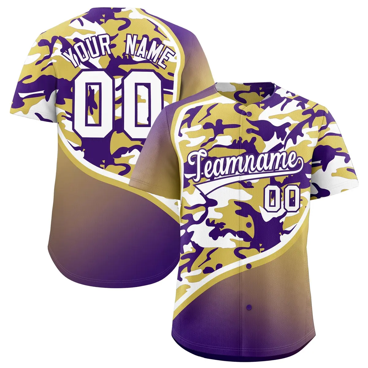 Old Gold Purple White Camo Gradient Fashion Baseball Jersey
