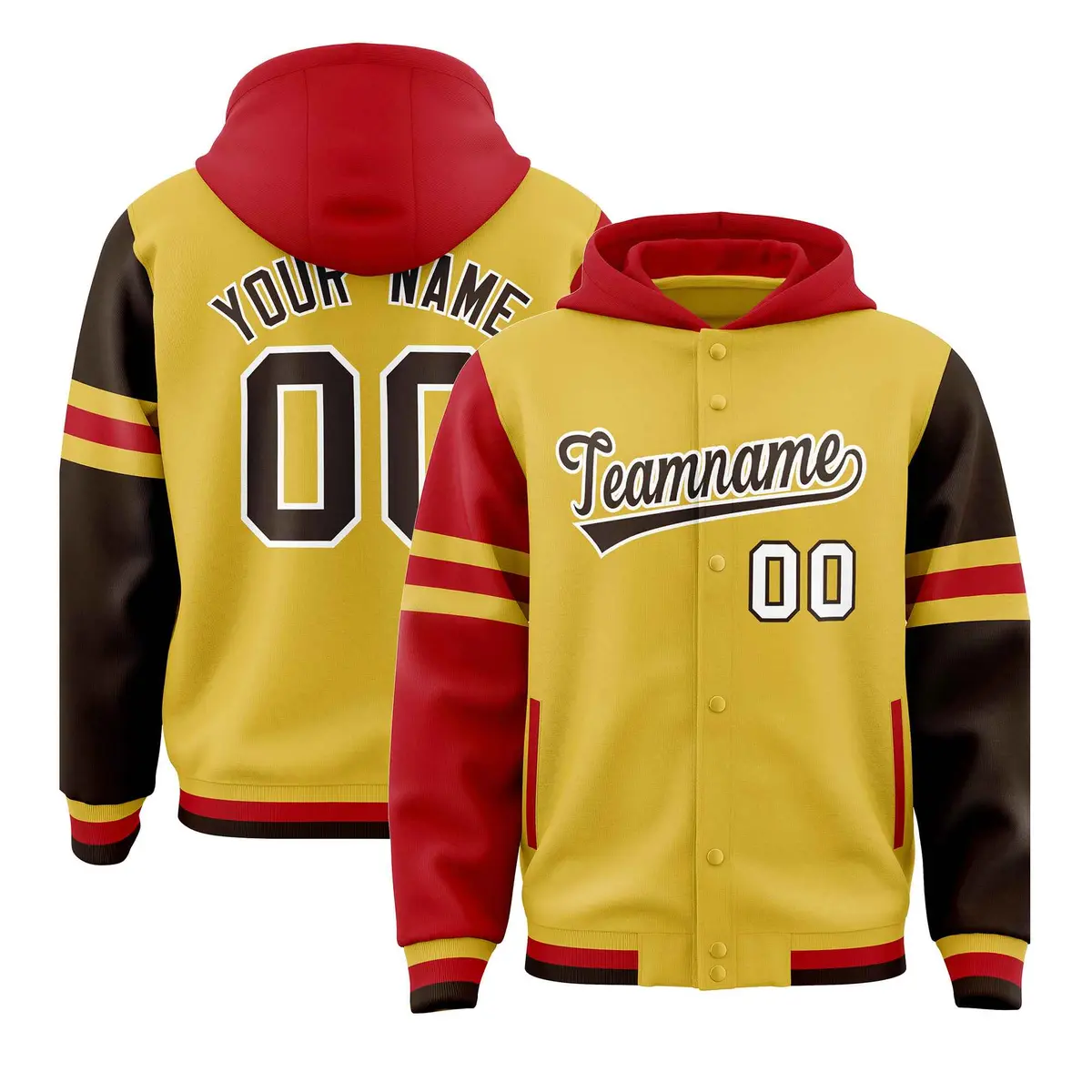 Old Gold Red-Brown Varsity Letterman Three Stripes Raglan Jacket Hoodie