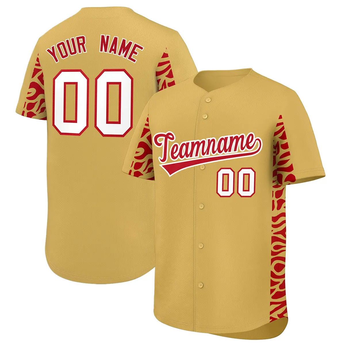 Old Gold Red Leopard Graffiti Side Design Baseball Jersey