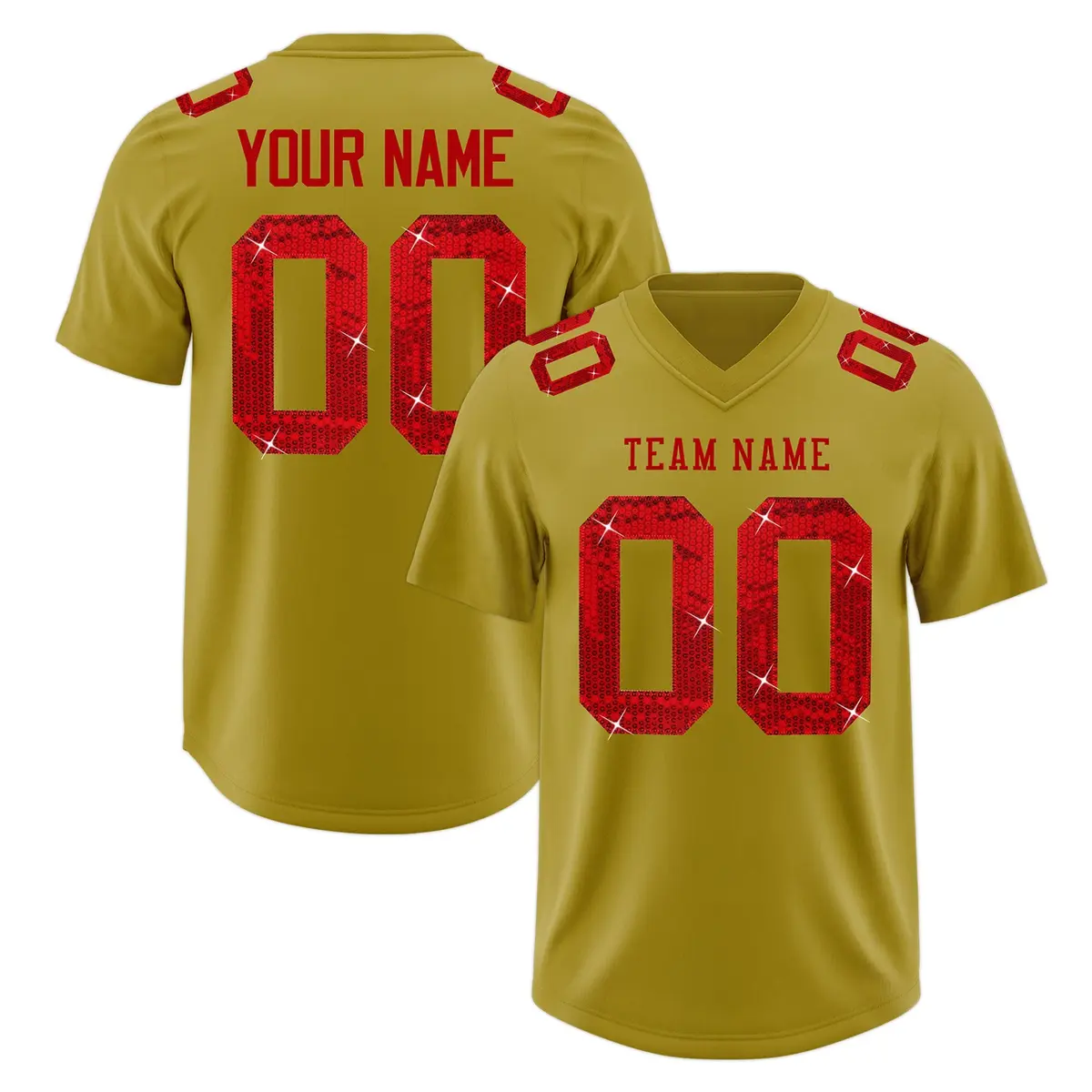 Old Gold Red Sequin Lettering Stretch Football Jersey