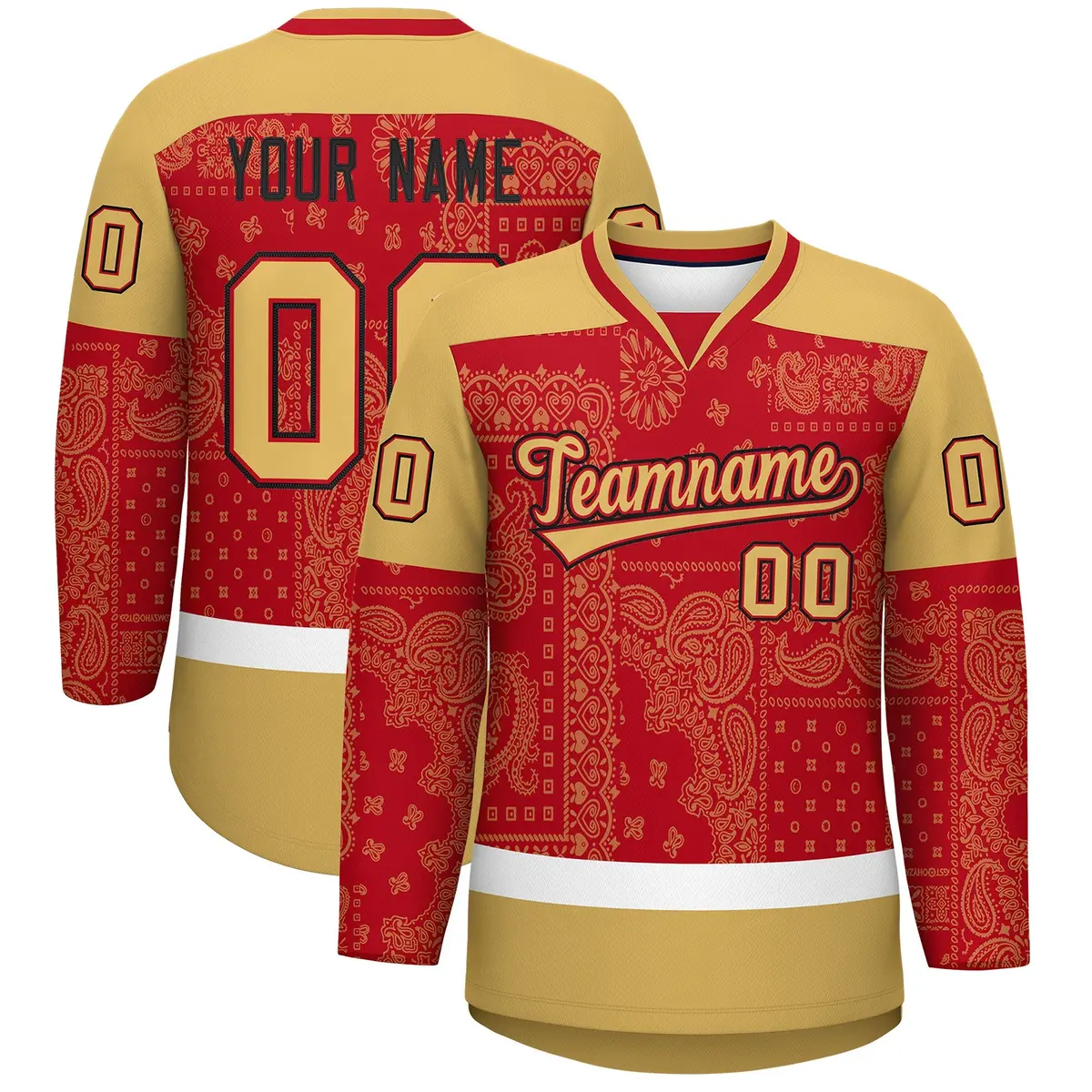 Old Gold Red White Cashew Flower Graffiti V-Neck Hockey Jersey