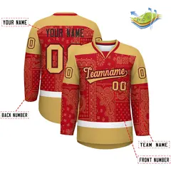 Old Gold Red White Cashew Flower Graffiti V-Neck Hockey Jersey 2
