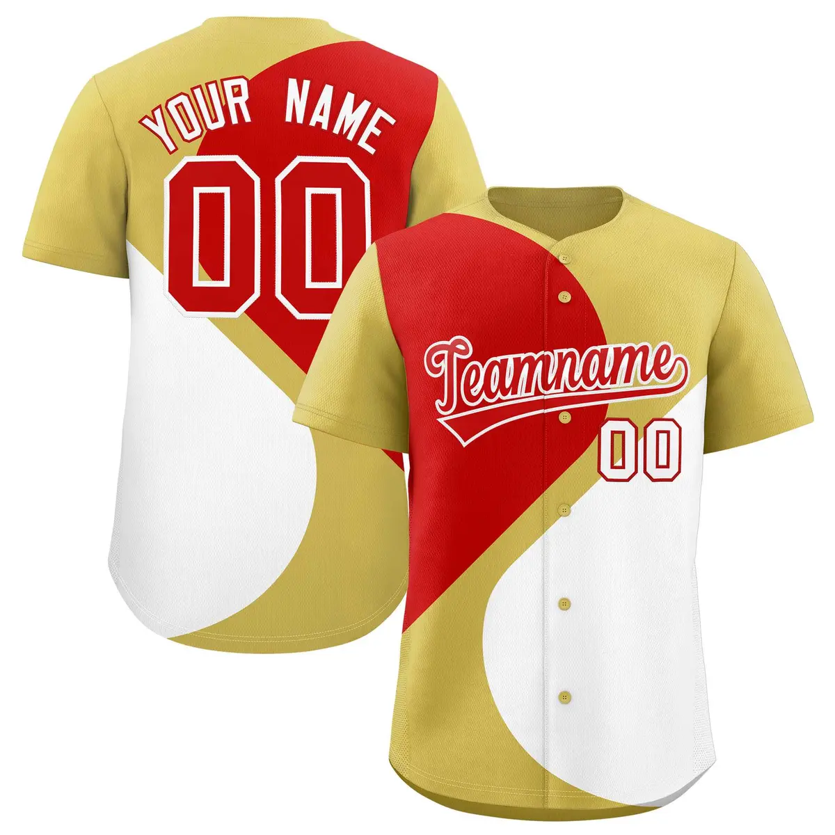 Old Gold Red-White Half Heart Color Block Baseball Jersey