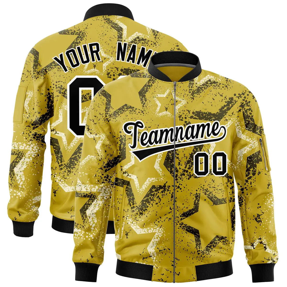Old Gold Star Pattern Varsity Letterman Bomber Jacket
