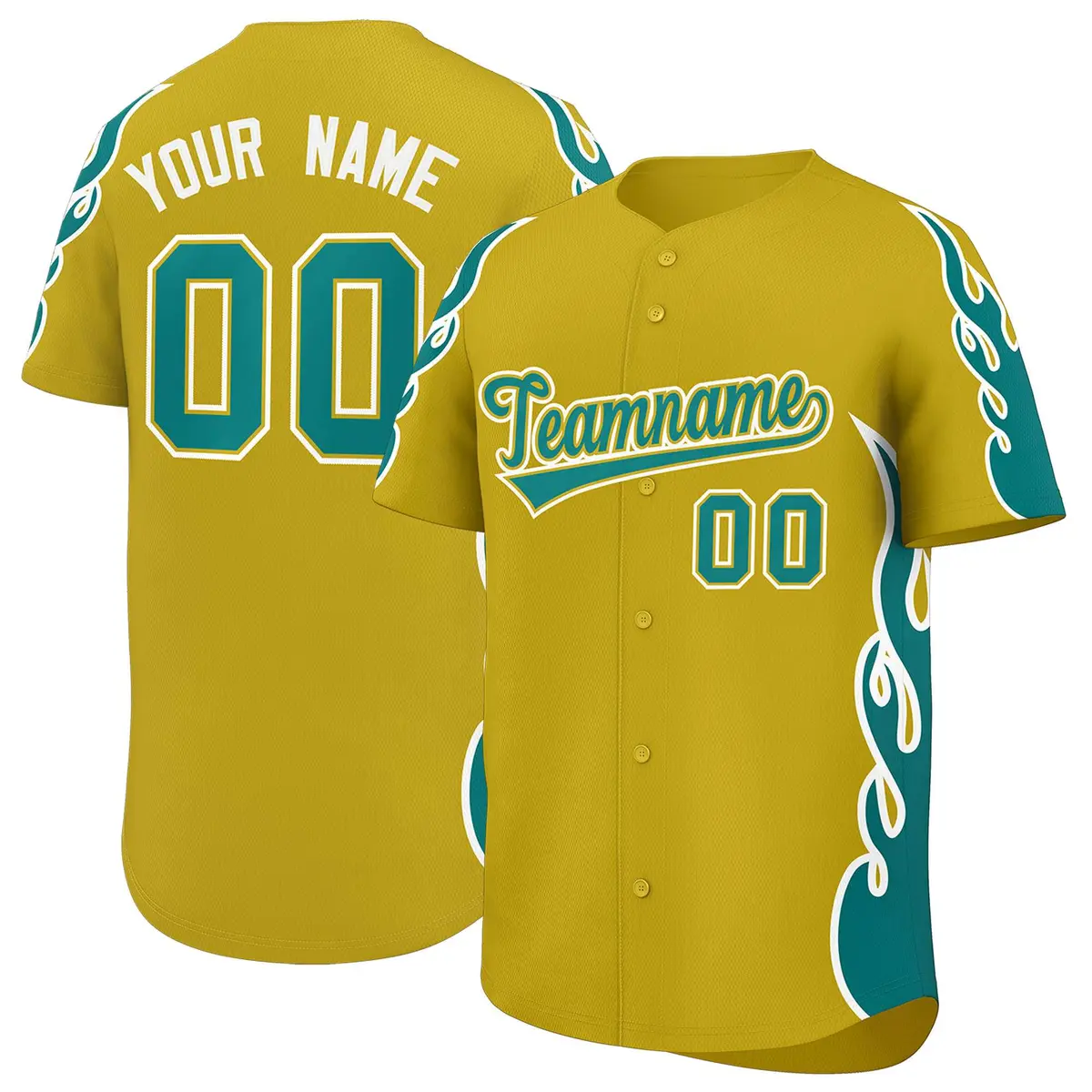 Old Gold Teal Flame Outline Side Pattern Baseball Jersey