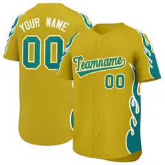 Old Gold Teal Flame Outline Side Pattern Baseball Jersey 1