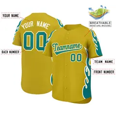 Old Gold Teal Flame Outline Side Pattern Baseball Jersey 2
