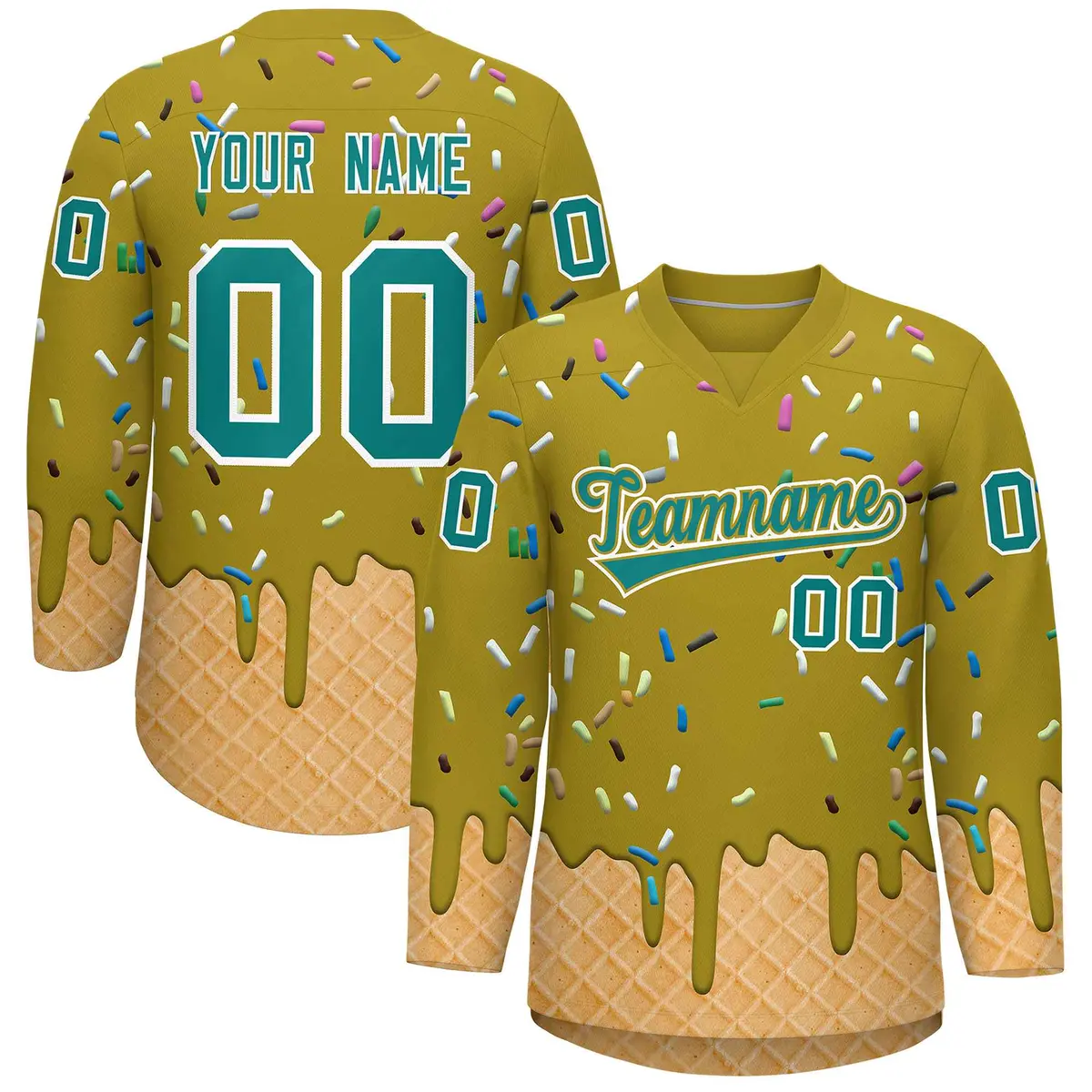 Old Gold Teal Ice Cream Pattern V-Neck Hockey Jersey