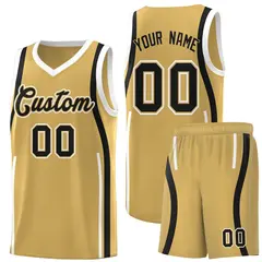 Old Gold White-Black Ribbon Pattern Basketball Kits 1