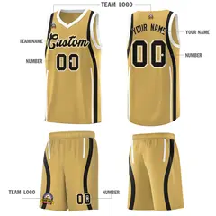 Old Gold White-Black Ribbon Pattern Basketball Kits 5