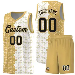 Old Gold White Puzzle Pattern Splid Basketball Kits 1