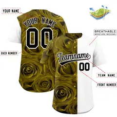 Old Gold White Rose Print Split Baseball Jersey 2