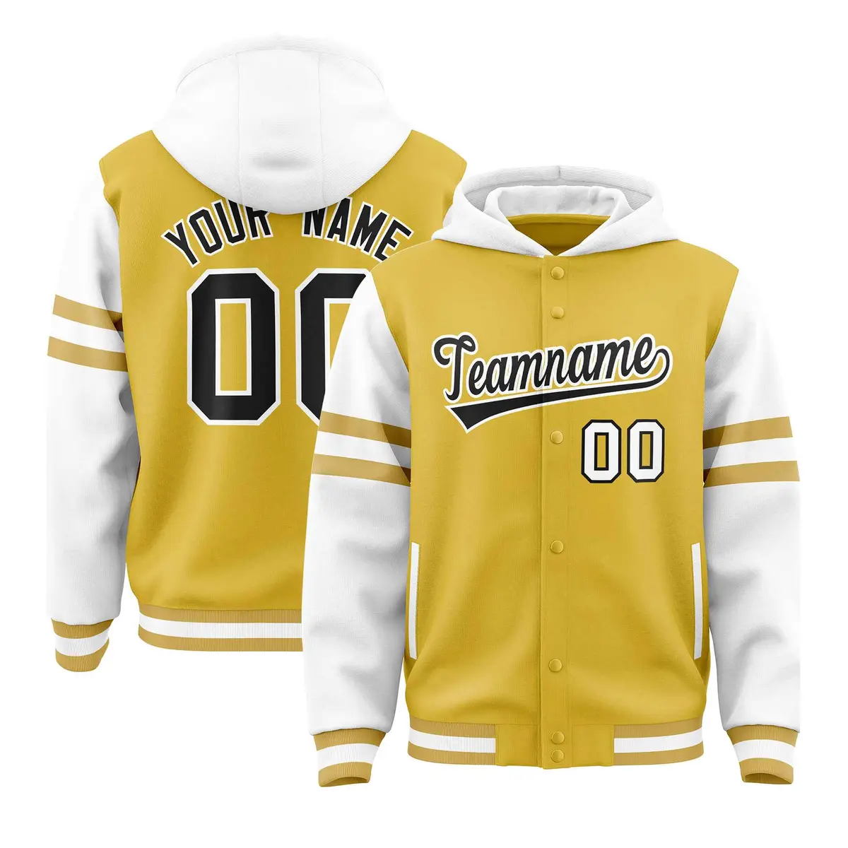 Old Gold White Varsity Letterman Hoodie Jacket Raglan Three Stripes