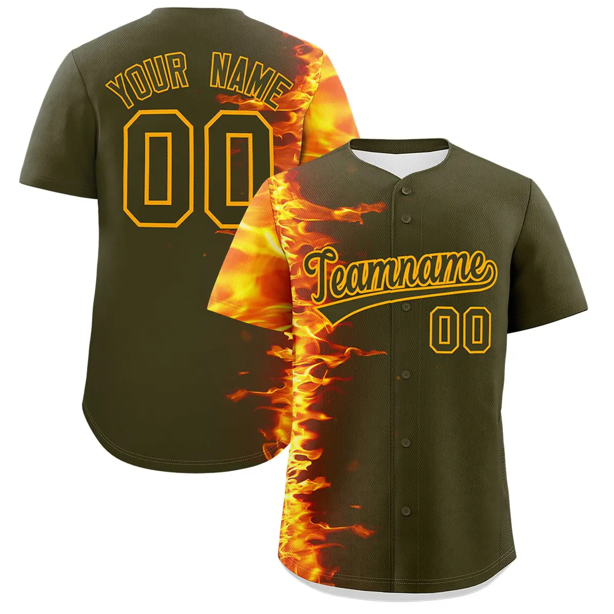 Olive 3D Flame Design Authentic Baseball Jersey