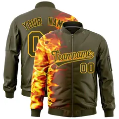 Olive 3D Flame Full-Zip Varsity Letterman Bomber Jacket