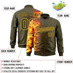 Olive 3D Flame Full-Zip Varsity Letterman Bomber Jacket 2