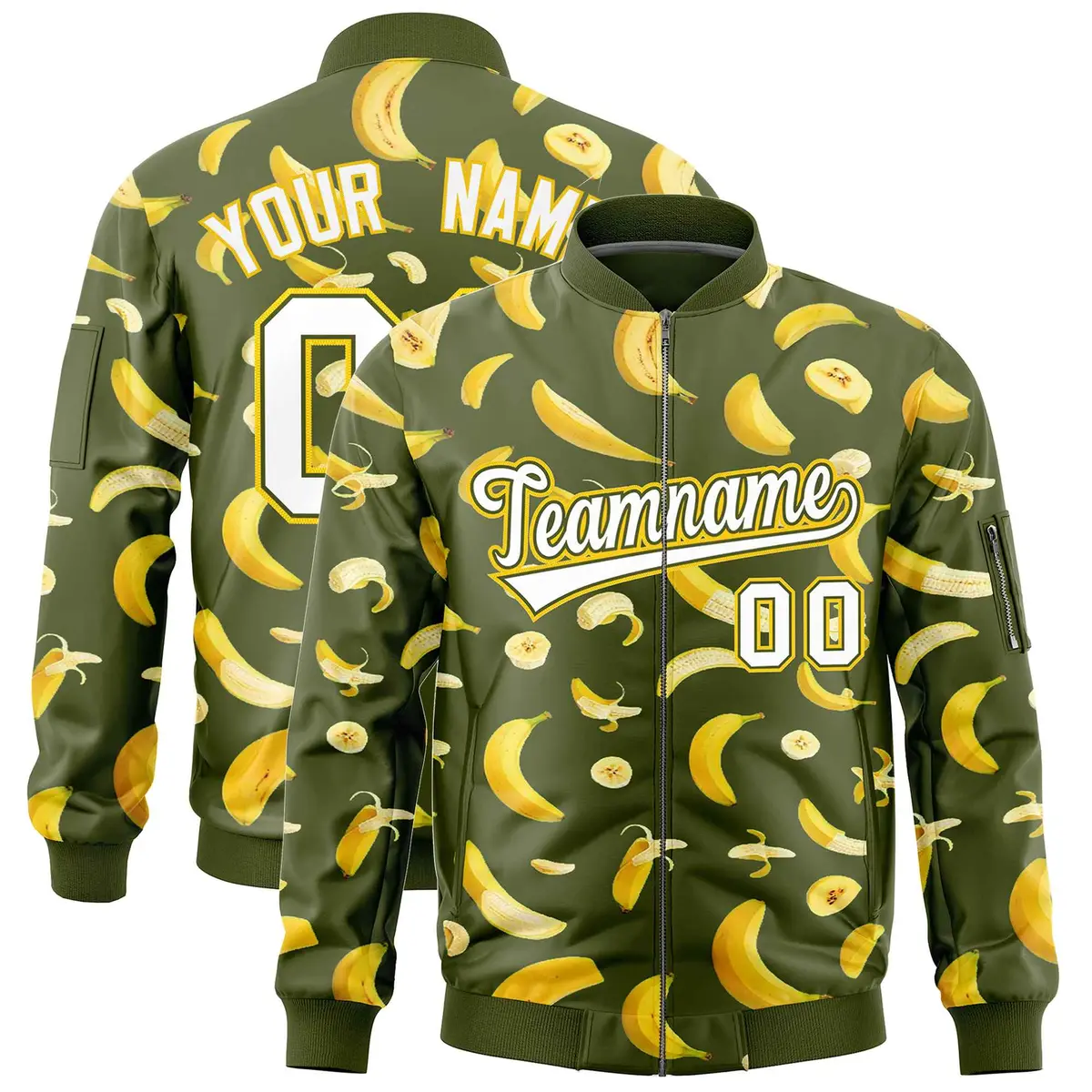 Olive Banana Pattern Varsity Letterman Bomber Jacket