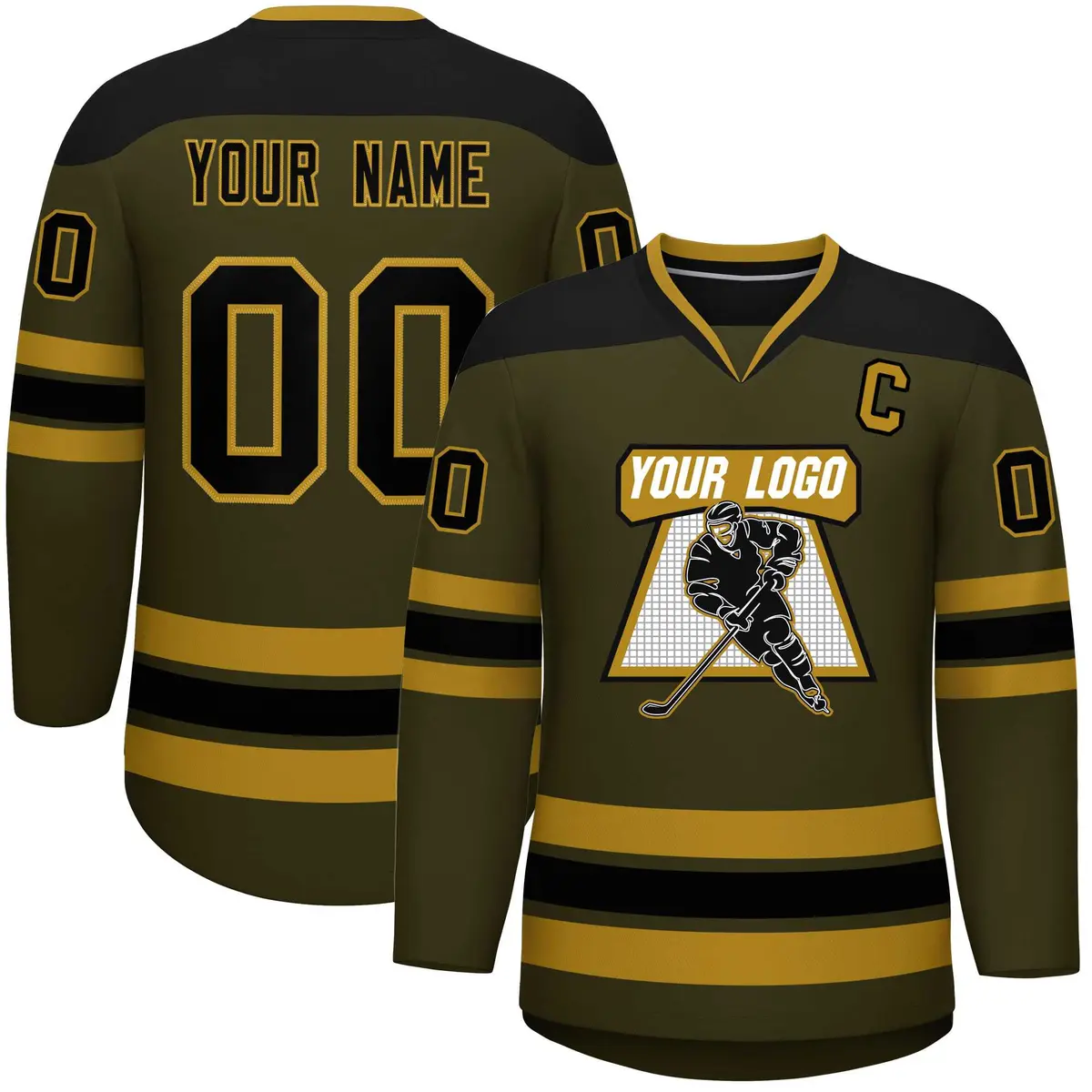 Olive Black-Black Classic V-Neck Hockey Jersey
