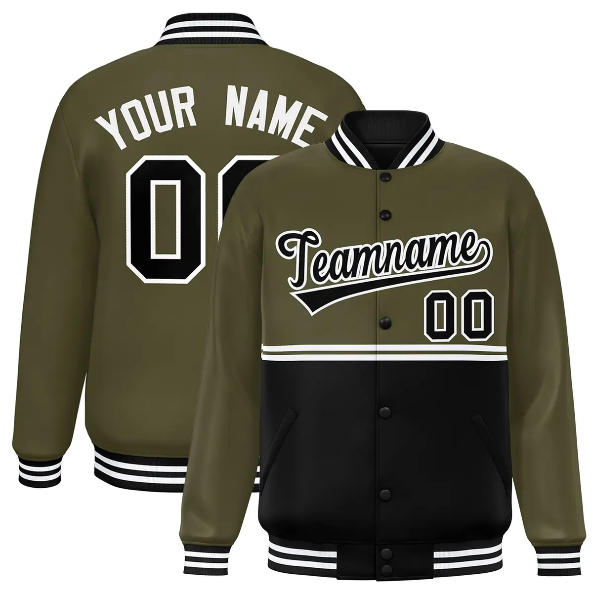 Olive Black Color Block Varsity Full-Snap Letterman Jacket