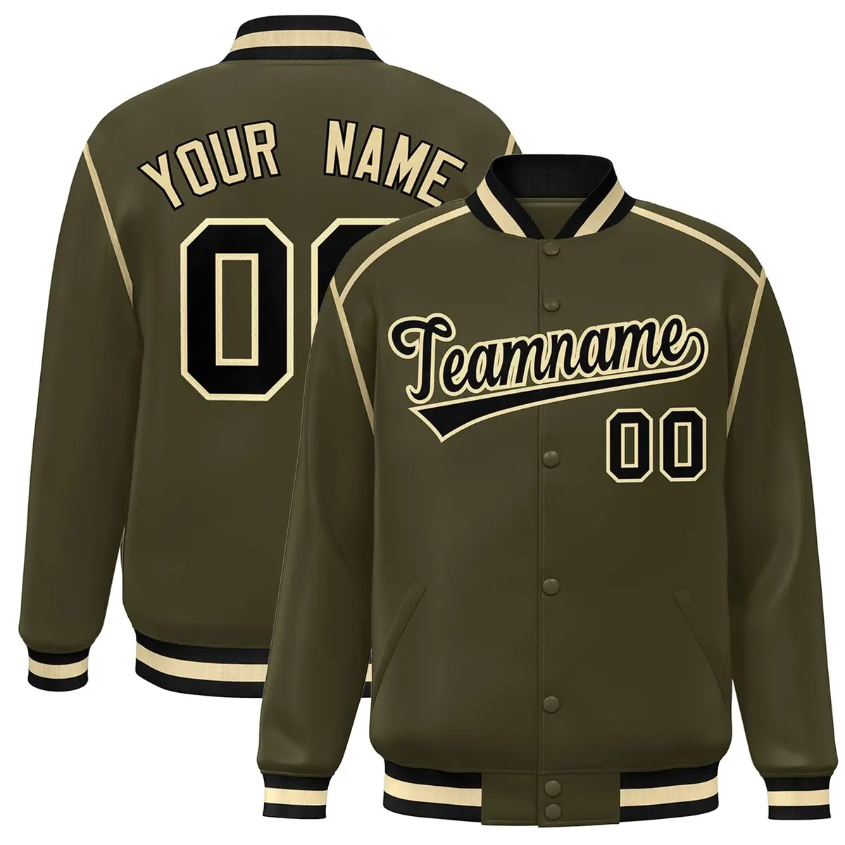 Olive Black-Cream Color Block Ribbon Varsity Full-Snap Bomber Jacket