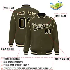 Olive Black-Cream Color Block Ribbon Varsity Full-Snap Bomber Jacket 2