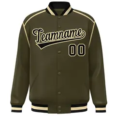 Olive Black-Cream Color Block Ribbon Varsity Full-Snap Bomber Jacket 3