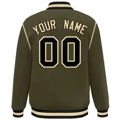 Olive Black-Cream Color Block Ribbon Varsity Full-Snap Bomber Jacket 4